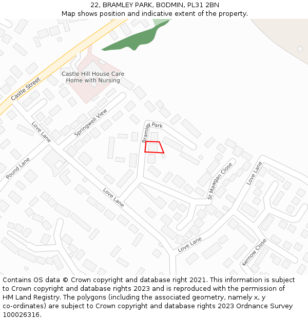 22, BRAMLEY PARK, BODMIN, PL31 2BN: Location map and indicative extent of plot