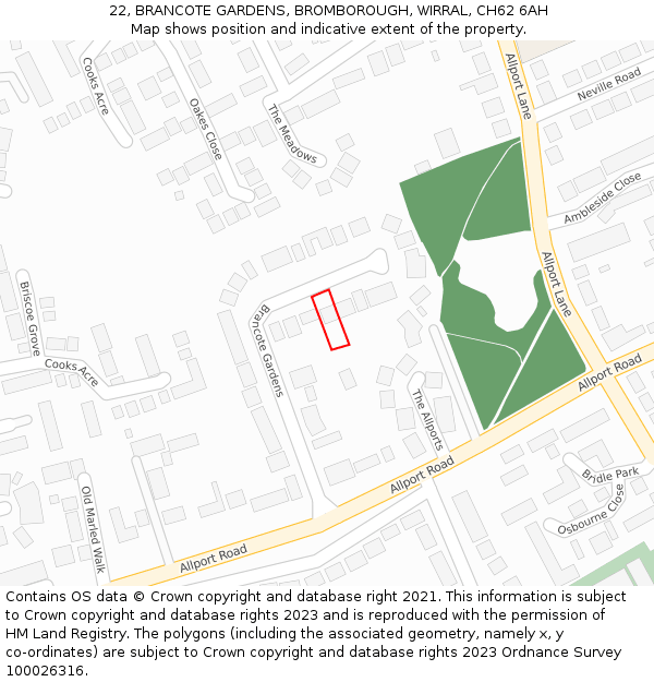 22, BRANCOTE GARDENS, BROMBOROUGH, WIRRAL, CH62 6AH: Location map and indicative extent of plot