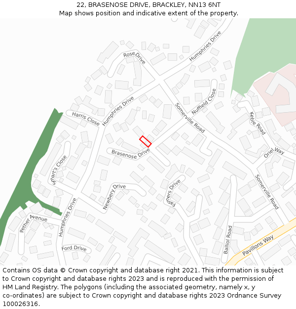 22, BRASENOSE DRIVE, BRACKLEY, NN13 6NT: Location map and indicative extent of plot