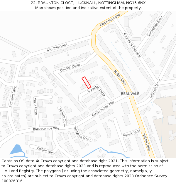 22, BRAUNTON CLOSE, HUCKNALL, NOTTINGHAM, NG15 6NX: Location map and indicative extent of plot