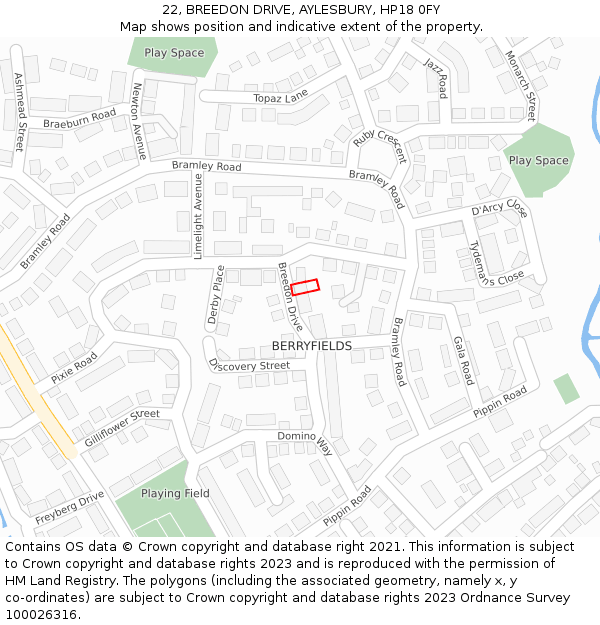 22, BREEDON DRIVE, AYLESBURY, HP18 0FY: Location map and indicative extent of plot