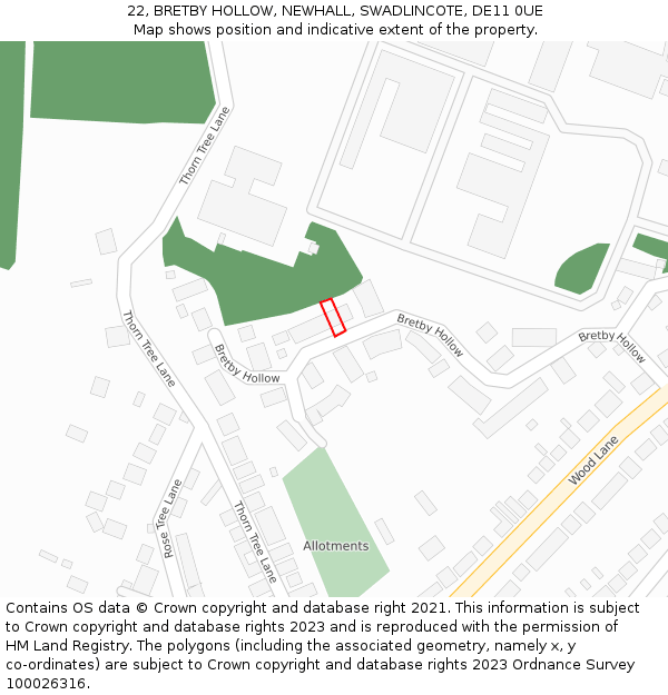 22, BRETBY HOLLOW, NEWHALL, SWADLINCOTE, DE11 0UE: Location map and indicative extent of plot