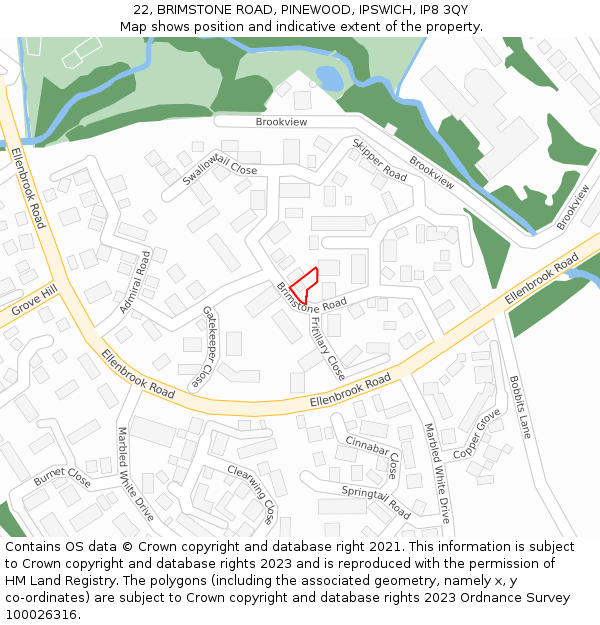 22, BRIMSTONE ROAD, PINEWOOD, IPSWICH, IP8 3QY: Location map and indicative extent of plot