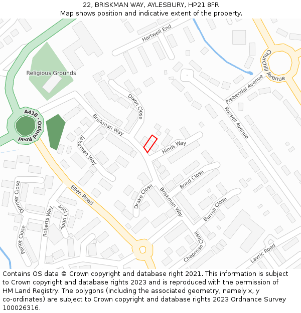 22, BRISKMAN WAY, AYLESBURY, HP21 8FR: Location map and indicative extent of plot