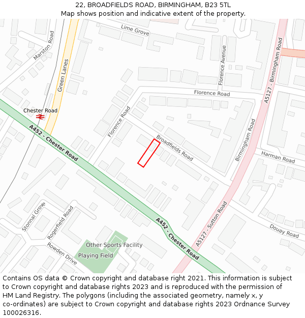 22, BROADFIELDS ROAD, BIRMINGHAM, B23 5TL: Location map and indicative extent of plot