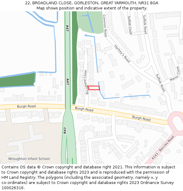 22, BROADLAND CLOSE, GORLESTON, GREAT YARMOUTH, NR31 8GA: Location map and indicative extent of plot