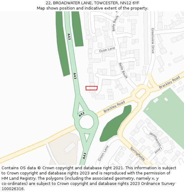 22, BROADWATER LANE, TOWCESTER, NN12 6YF: Location map and indicative extent of plot