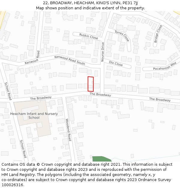 22, BROADWAY, HEACHAM, KING'S LYNN, PE31 7JJ: Location map and indicative extent of plot