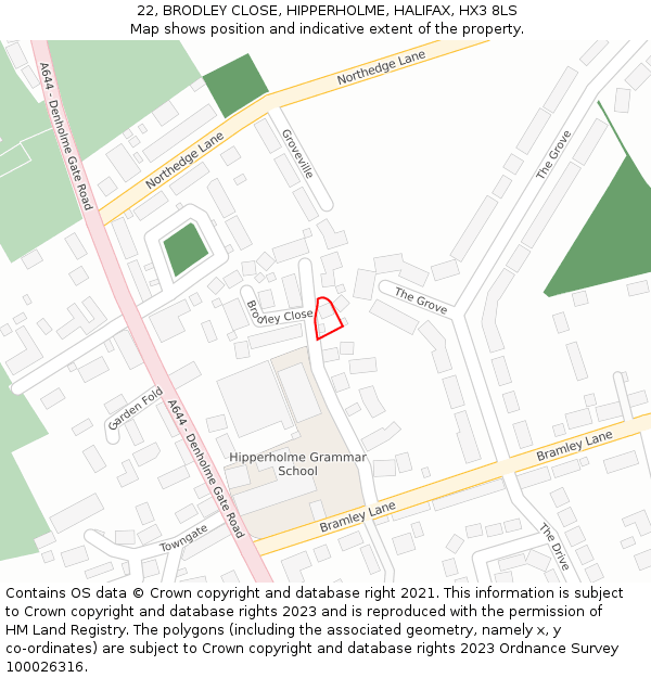 22, BRODLEY CLOSE, HIPPERHOLME, HALIFAX, HX3 8LS: Location map and indicative extent of plot