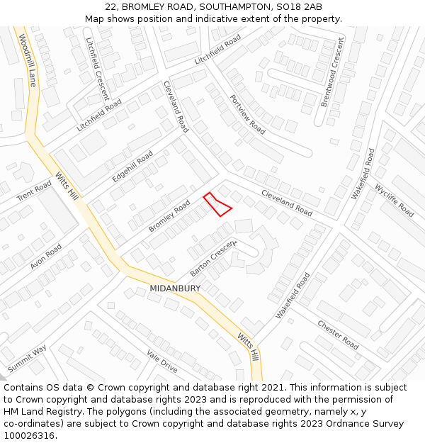 22, BROMLEY ROAD, SOUTHAMPTON, SO18 2AB: Location map and indicative extent of plot