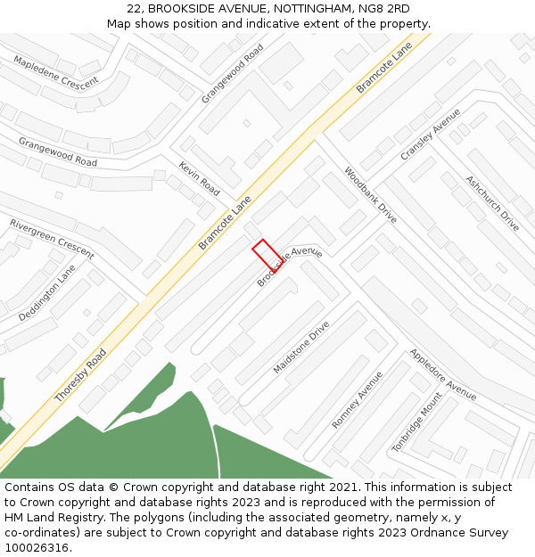 22, BROOKSIDE AVENUE, NOTTINGHAM, NG8 2RD: Location map and indicative extent of plot