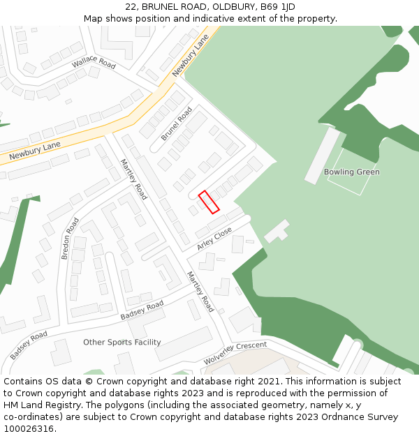 22, BRUNEL ROAD, OLDBURY, B69 1JD: Location map and indicative extent of plot