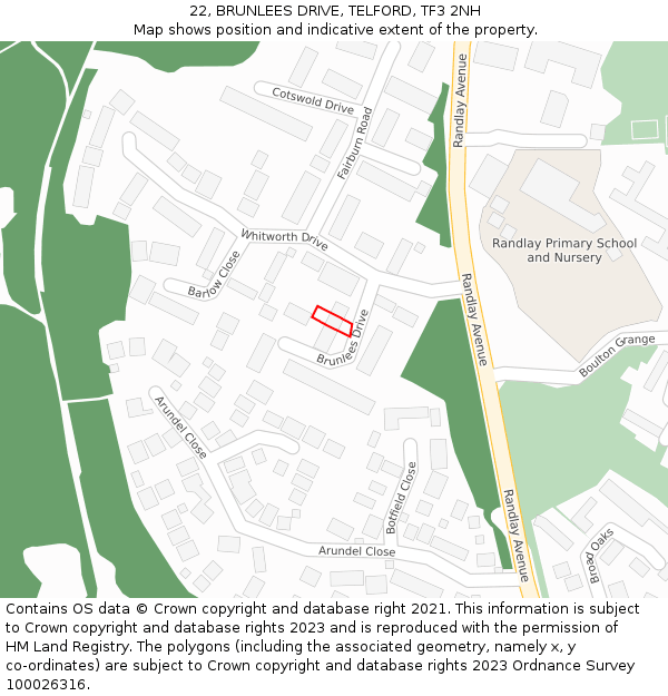 22, BRUNLEES DRIVE, TELFORD, TF3 2NH: Location map and indicative extent of plot