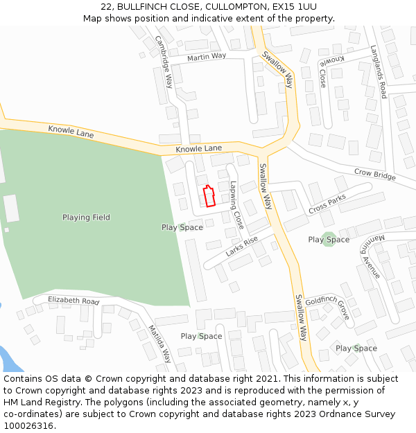 22, BULLFINCH CLOSE, CULLOMPTON, EX15 1UU: Location map and indicative extent of plot