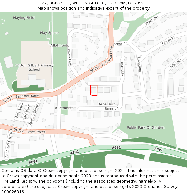 22, BURNSIDE, WITTON GILBERT, DURHAM, DH7 6SE: Location map and indicative extent of plot