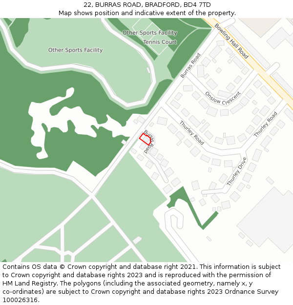 22, BURRAS ROAD, BRADFORD, BD4 7TD: Location map and indicative extent of plot