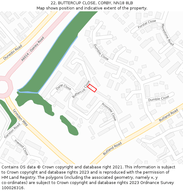 22, BUTTERCUP CLOSE, CORBY, NN18 8LB: Location map and indicative extent of plot