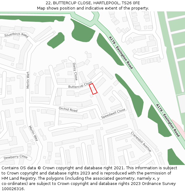 22, BUTTERCUP CLOSE, HARTLEPOOL, TS26 0FE: Location map and indicative extent of plot