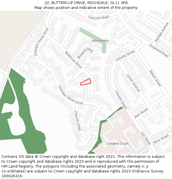 22, BUTTERCUP DRIVE, ROCHDALE, OL11 3PA: Location map and indicative extent of plot