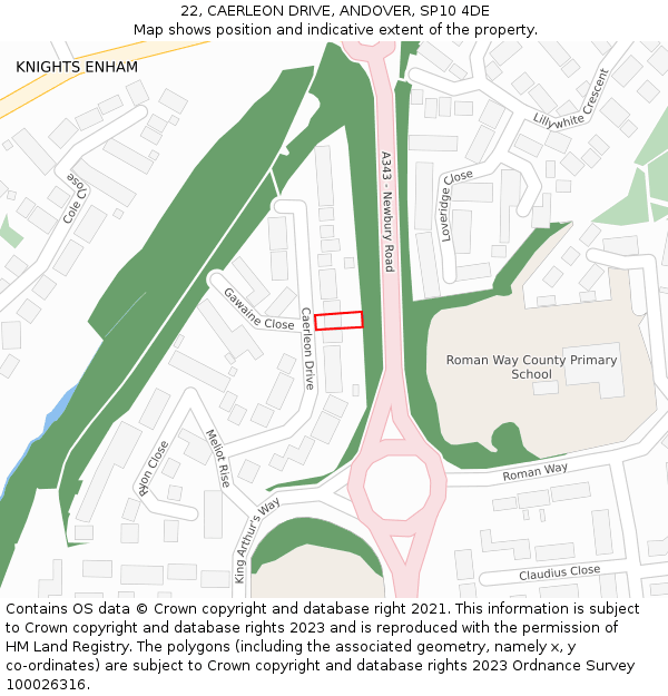 22, CAERLEON DRIVE, ANDOVER, SP10 4DE: Location map and indicative extent of plot