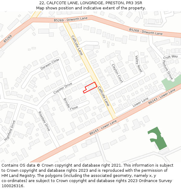 22, CALFCOTE LANE, LONGRIDGE, PRESTON, PR3 3SR: Location map and indicative extent of plot