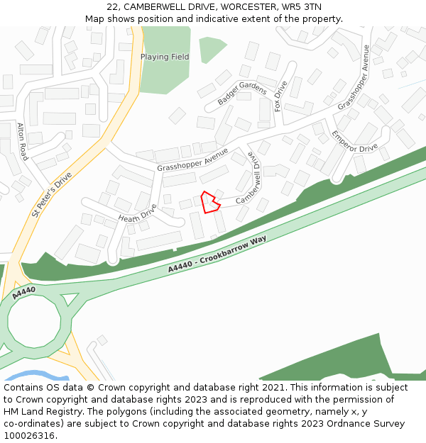 22, CAMBERWELL DRIVE, WORCESTER, WR5 3TN: Location map and indicative extent of plot