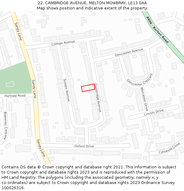 22, CAMBRIDGE AVENUE, MELTON MOWBRAY, LE13 0AA: Location map and indicative extent of plot
