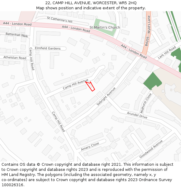 22, CAMP HILL AVENUE, WORCESTER, WR5 2HQ: Location map and indicative extent of plot