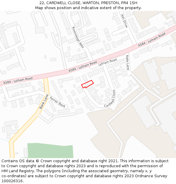 22, CARDWELL CLOSE, WARTON, PRESTON, PR4 1SH: Location map and indicative extent of plot