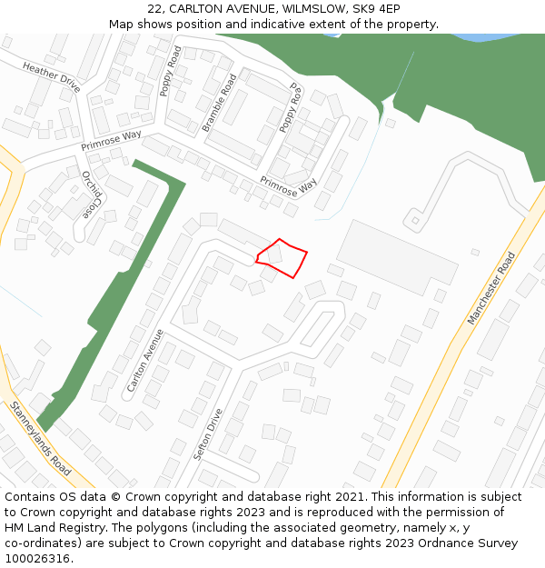 22, CARLTON AVENUE, WILMSLOW, SK9 4EP: Location map and indicative extent of plot