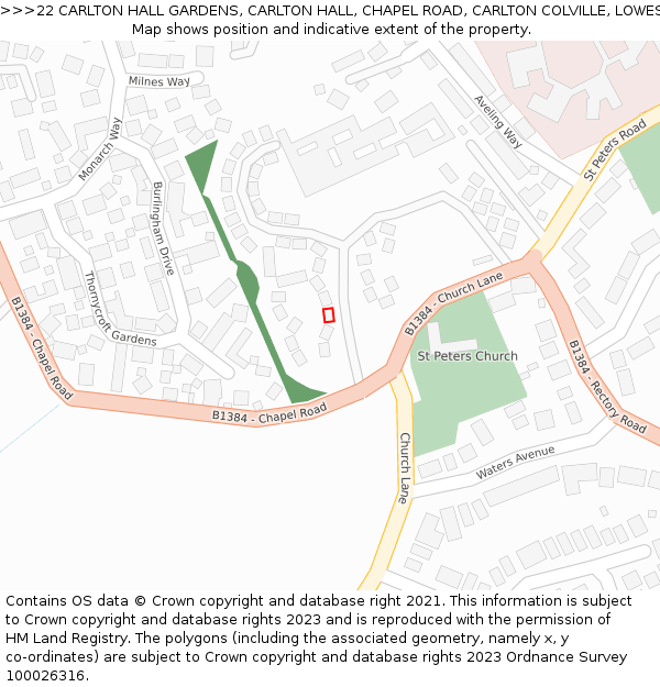 22 CARLTON HALL GARDENS, CARLTON HALL, CHAPEL ROAD, CARLTON COLVILLE, LOWESTOFT, NR33 8BL: Location map and indicative extent of plot