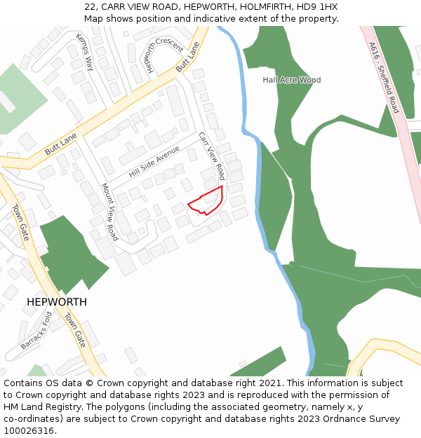 22, CARR VIEW ROAD, HEPWORTH, HOLMFIRTH, HD9 1HX: Location map and indicative extent of plot