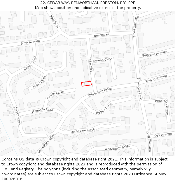 22, CEDAR WAY, PENWORTHAM, PRESTON, PR1 0PE: Location map and indicative extent of plot