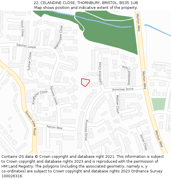 22, CELANDINE CLOSE, THORNBURY, BRISTOL, BS35 1UB: Location map and indicative extent of plot