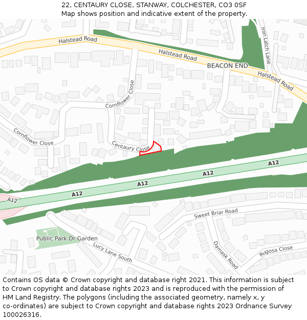 22, CENTAURY CLOSE, STANWAY, COLCHESTER, CO3 0SF: Location map and indicative extent of plot