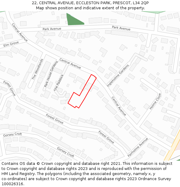 22, CENTRAL AVENUE, ECCLESTON PARK, PRESCOT, L34 2QP: Location map and indicative extent of plot