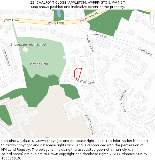 22, CHALFONT CLOSE, APPLETON, WARRINGTON, WA4 5JT: Location map and indicative extent of plot