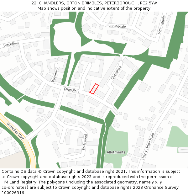22, CHANDLERS, ORTON BRIMBLES, PETERBOROUGH, PE2 5YW: Location map and indicative extent of plot