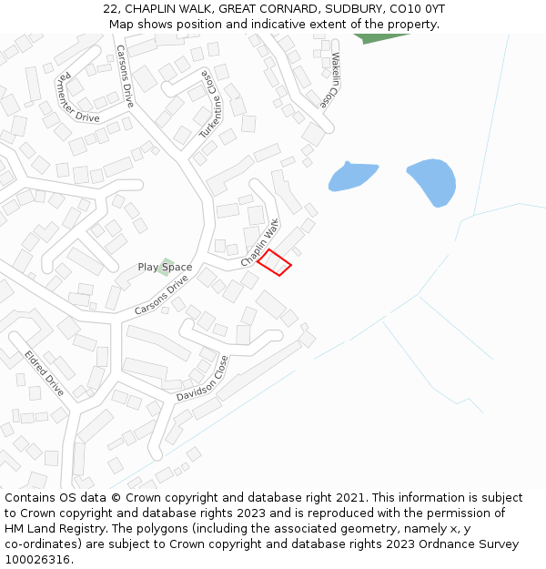 22, CHAPLIN WALK, GREAT CORNARD, SUDBURY, CO10 0YT: Location map and indicative extent of plot