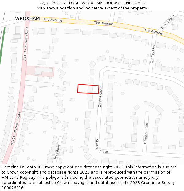22, CHARLES CLOSE, WROXHAM, NORWICH, NR12 8TU: Location map and indicative extent of plot