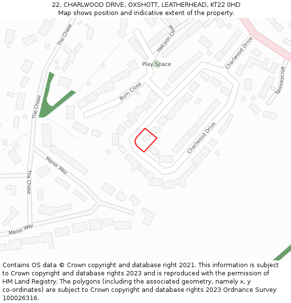 22, CHARLWOOD DRIVE, OXSHOTT, LEATHERHEAD, KT22 0HD: Location map and indicative extent of plot