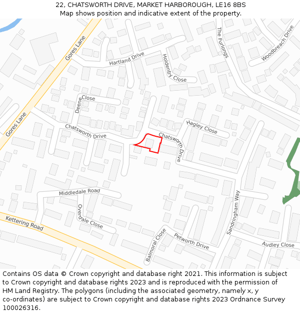 22, CHATSWORTH DRIVE, MARKET HARBOROUGH, LE16 8BS: Location map and indicative extent of plot
