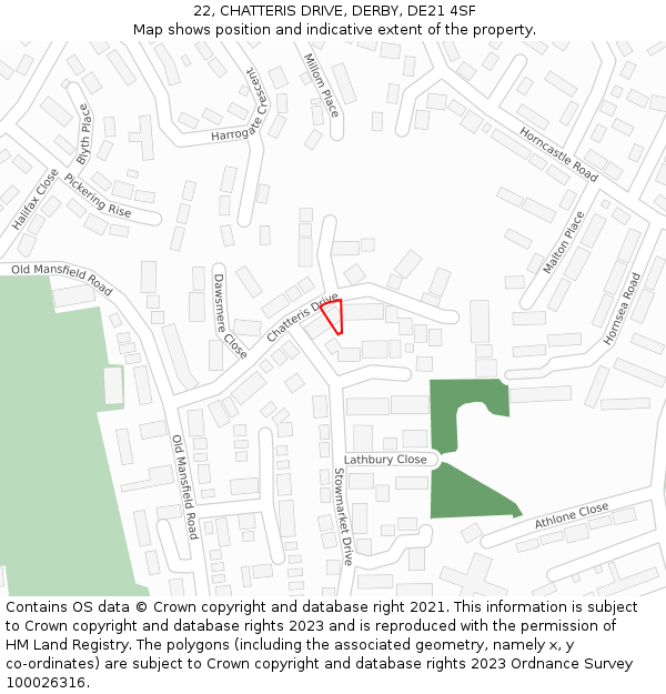 22, CHATTERIS DRIVE, DERBY, DE21 4SF: Location map and indicative extent of plot