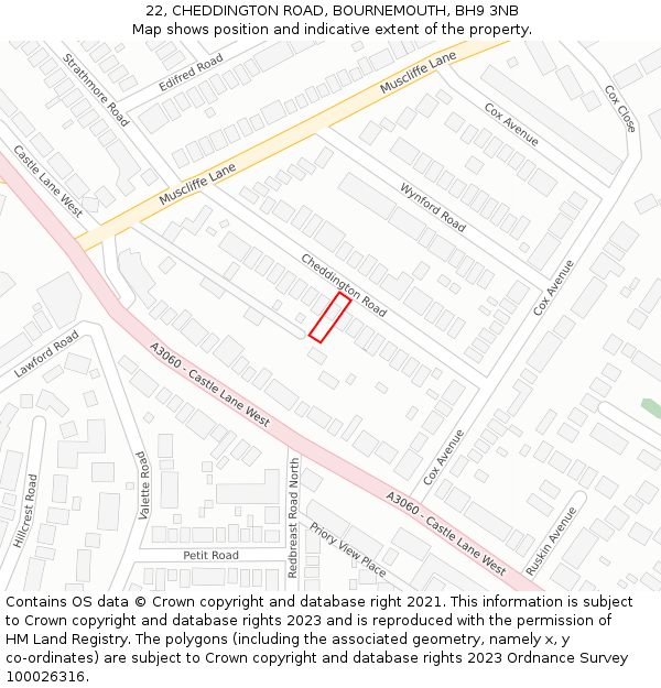 22, CHEDDINGTON ROAD, BOURNEMOUTH, BH9 3NB: Location map and indicative extent of plot
