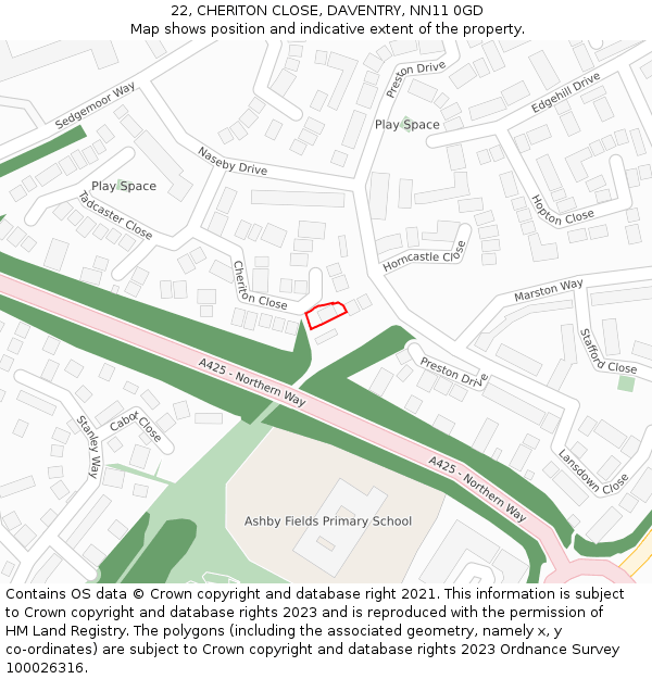 22, CHERITON CLOSE, DAVENTRY, NN11 0GD: Location map and indicative extent of plot