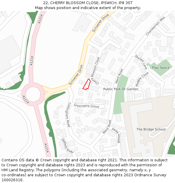 22, CHERRY BLOSSOM CLOSE, IPSWICH, IP8 3ST: Location map and indicative extent of plot