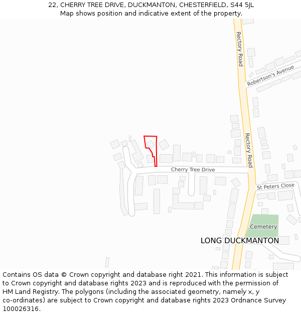 22, CHERRY TREE DRIVE, DUCKMANTON, CHESTERFIELD, S44 5JL: Location map and indicative extent of plot