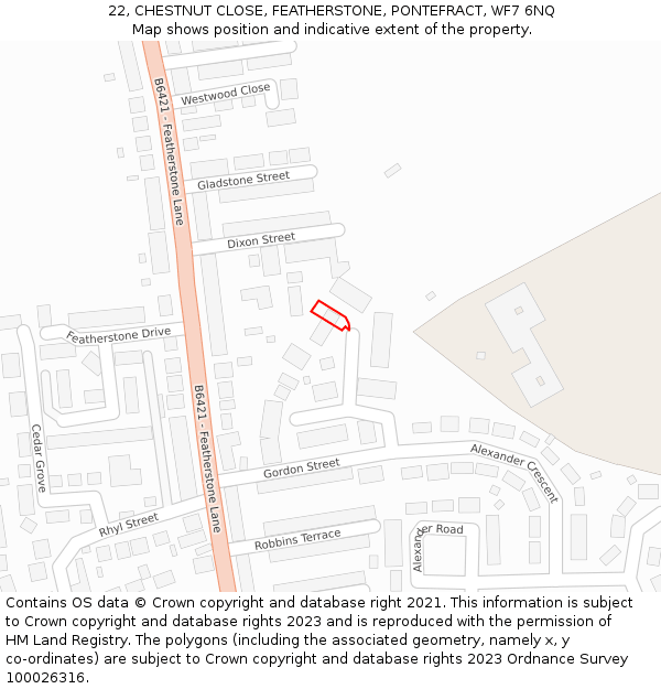 22, CHESTNUT CLOSE, FEATHERSTONE, PONTEFRACT, WF7 6NQ: Location map and indicative extent of plot