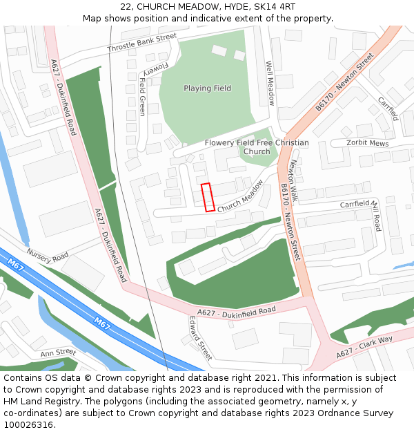 22, CHURCH MEADOW, HYDE, SK14 4RT: Location map and indicative extent of plot