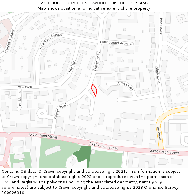 22, CHURCH ROAD, KINGSWOOD, BRISTOL, BS15 4AU: Location map and indicative extent of plot